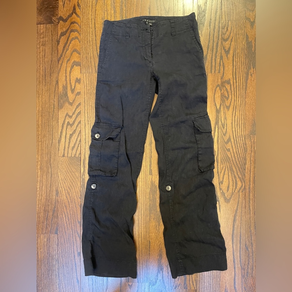 THEORY Womens Pants Cargo Pockets Linen Blend Navy Blue  Size 00 Roll Up Capri